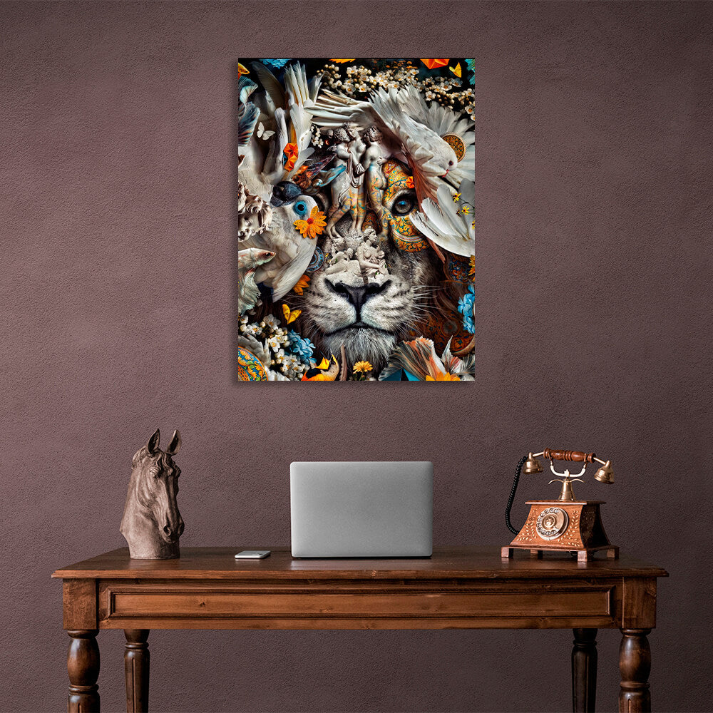 Interior White lion, birds and fish Canvas Wall Art Print