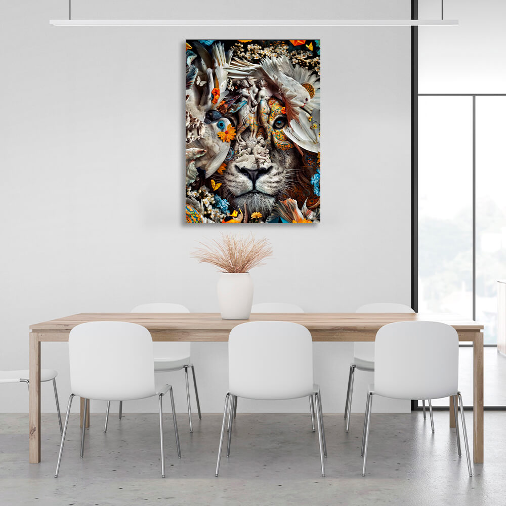 Interior White lion, birds and fish Canvas Wall Art Print