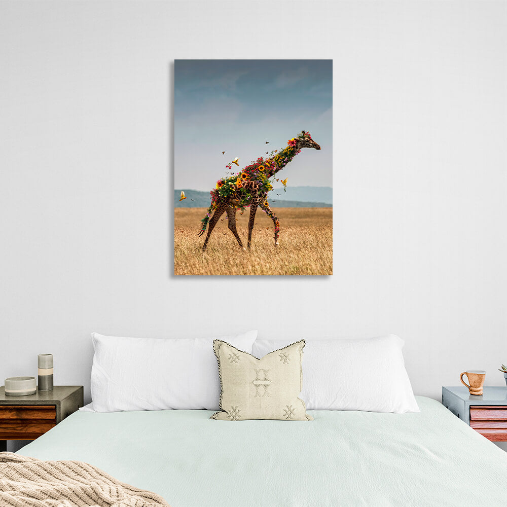 Interior A giraffe in flowers in a field Canvas Wall Art Print