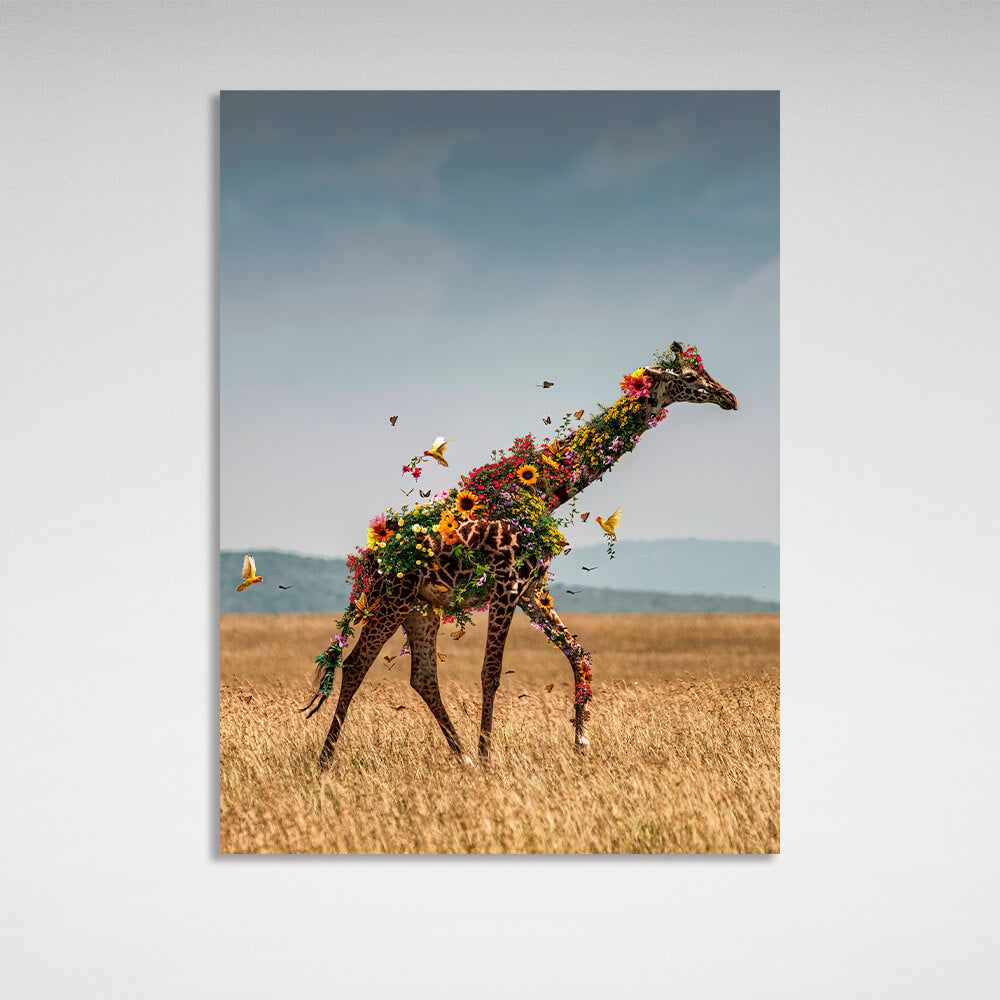 Inneneinrichtung: Eine Giraffe in Blumen auf einem Feld, Leinwandbild