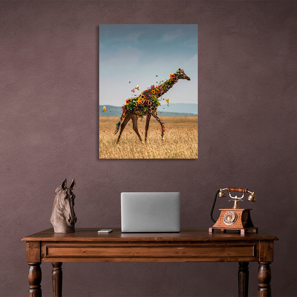 Interior A giraffe in flowers in a field Canvas Wall Art Print