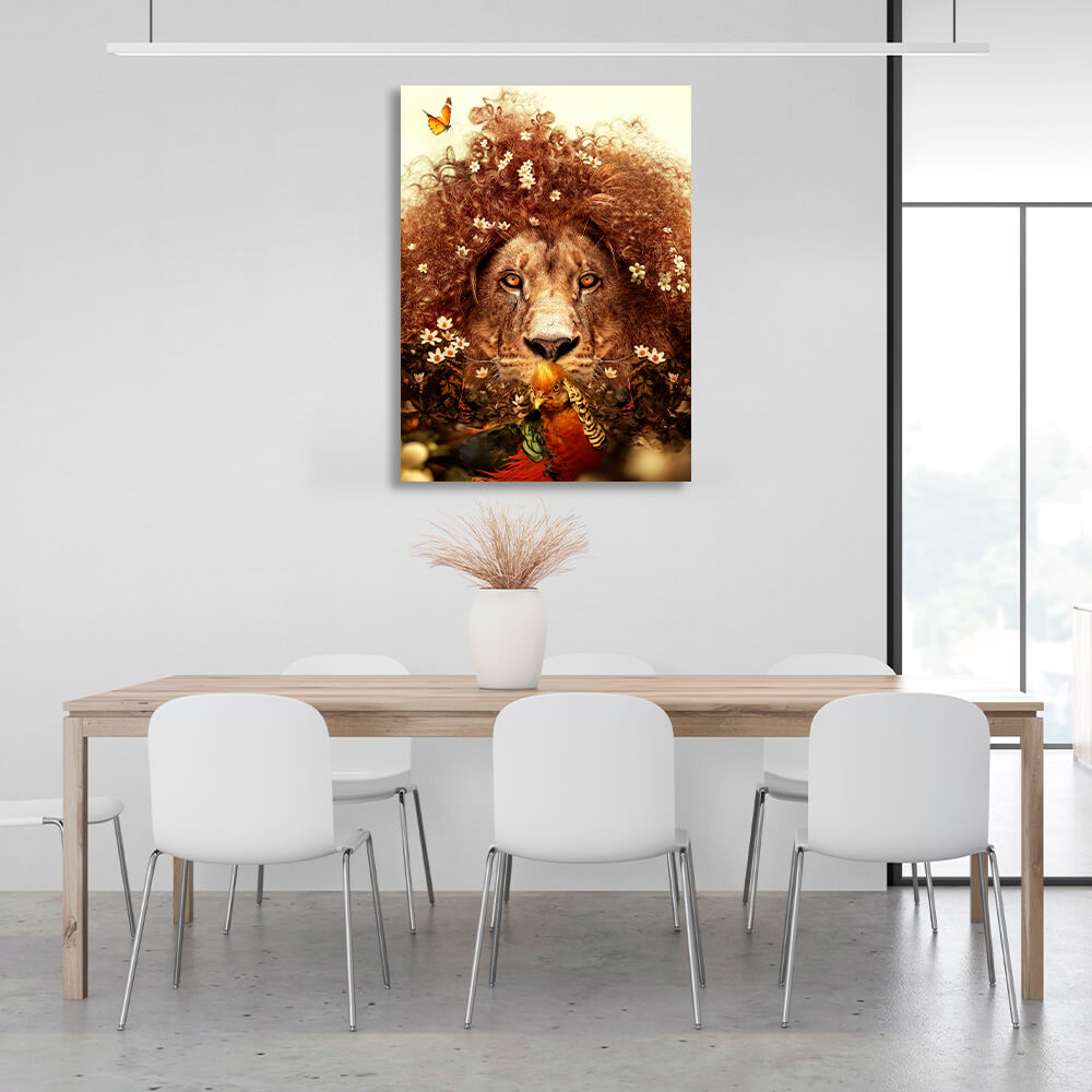 Interior A curly lion and a bird Canvas Wall Art Print