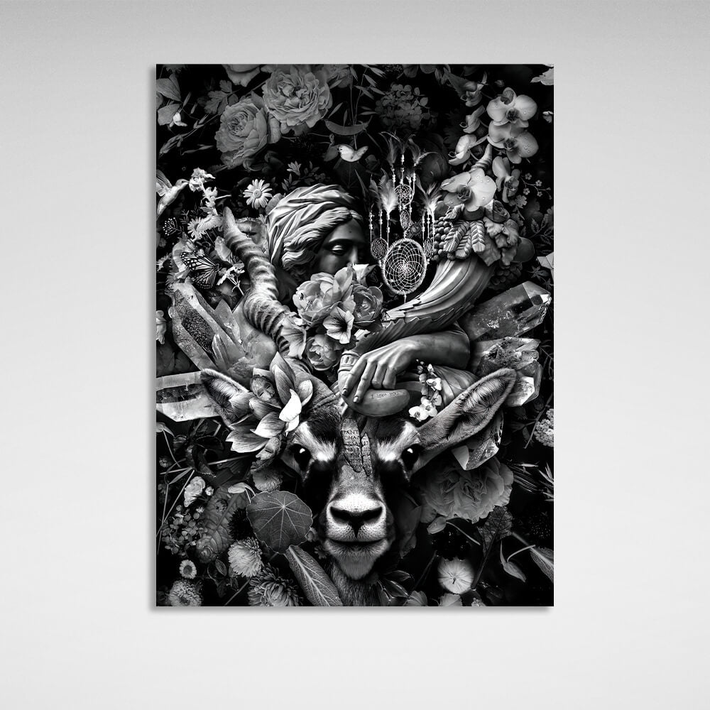 Kunstdruck auf Leinwand, Motiv: Schwarz-weiße Antilope in Blumen