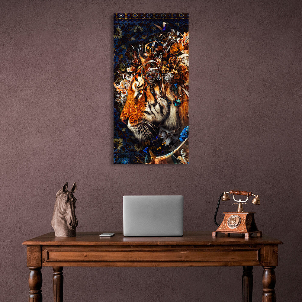 Interior A tiger on a rug in the background Canvas Wall Art Print