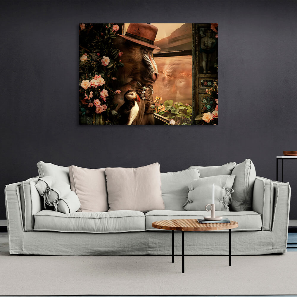 Interior Monkey and bird deadlock Canvas Wall Art Print