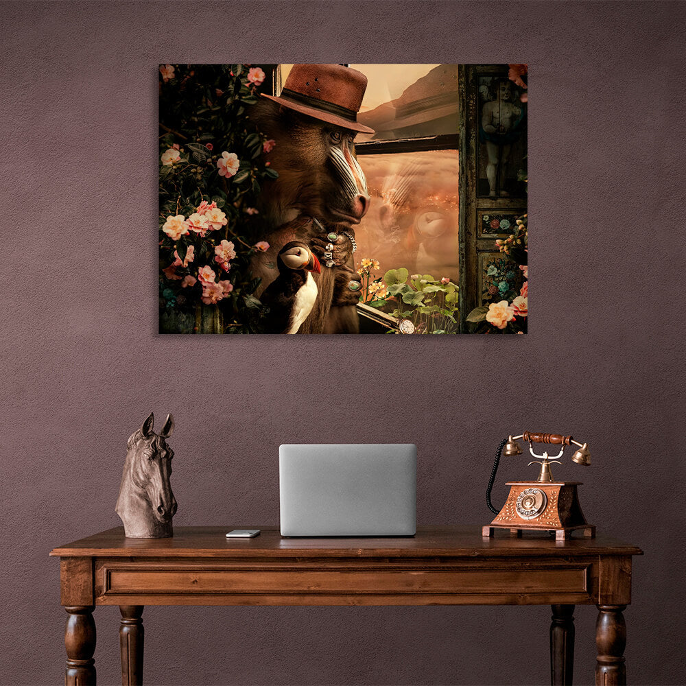 Interior Monkey and bird deadlock Canvas Wall Art Print