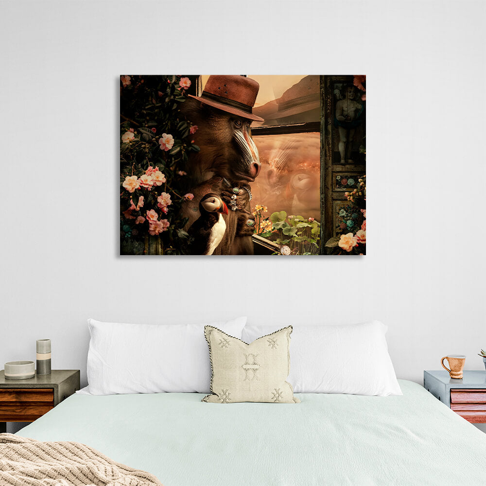 Interior Monkey and bird deadlock Canvas Wall Art Print