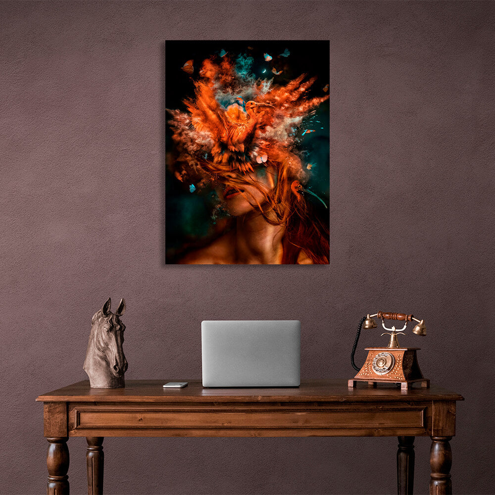 Interior Redheaded girl with birds on her head Canvas Wall Art Print