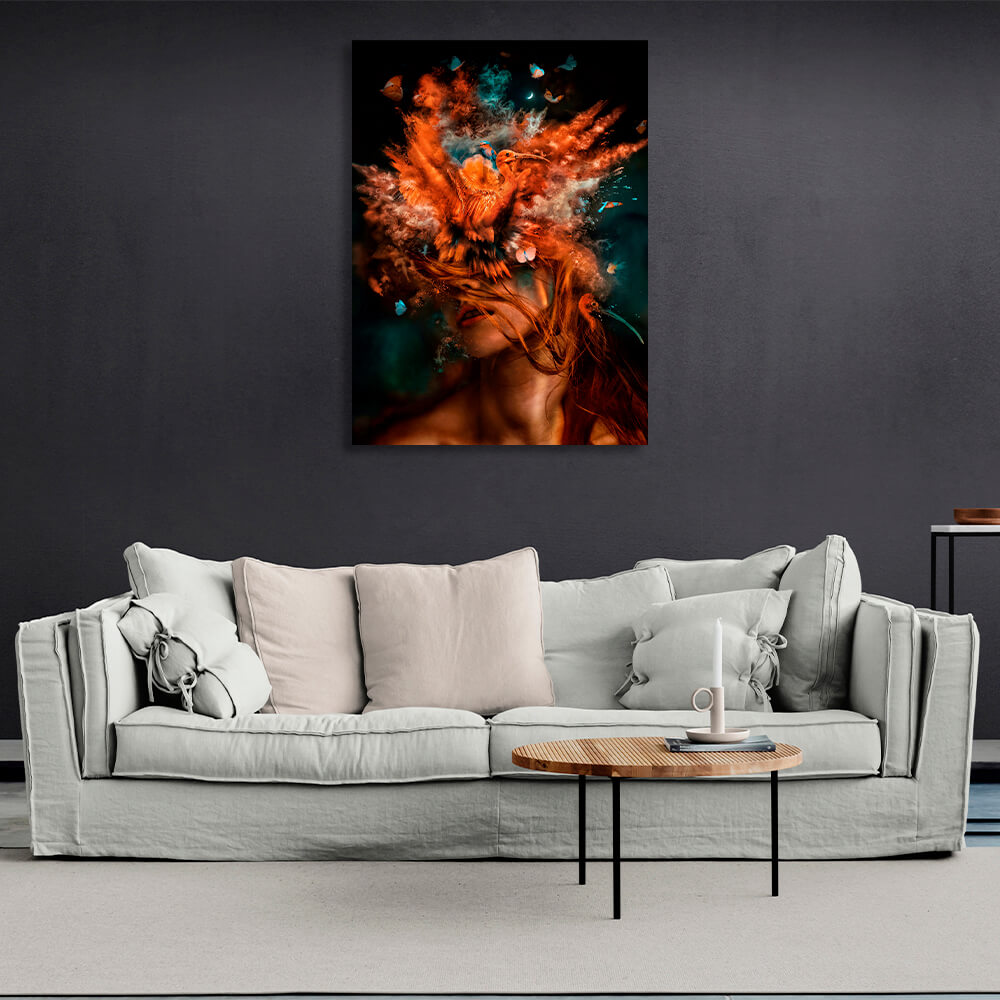 Interior Redheaded girl with birds on her head Canvas Wall Art Print