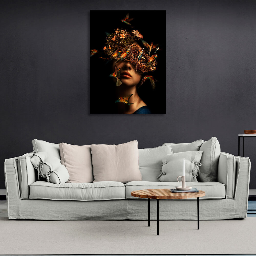 Interior The girl with the bird's nest on her head Canvas Wall Art Print