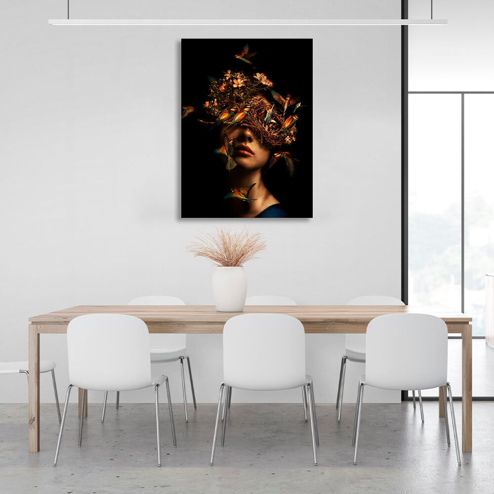 Interior The girl with the bird's nest on her head Canvas Wall Art Print