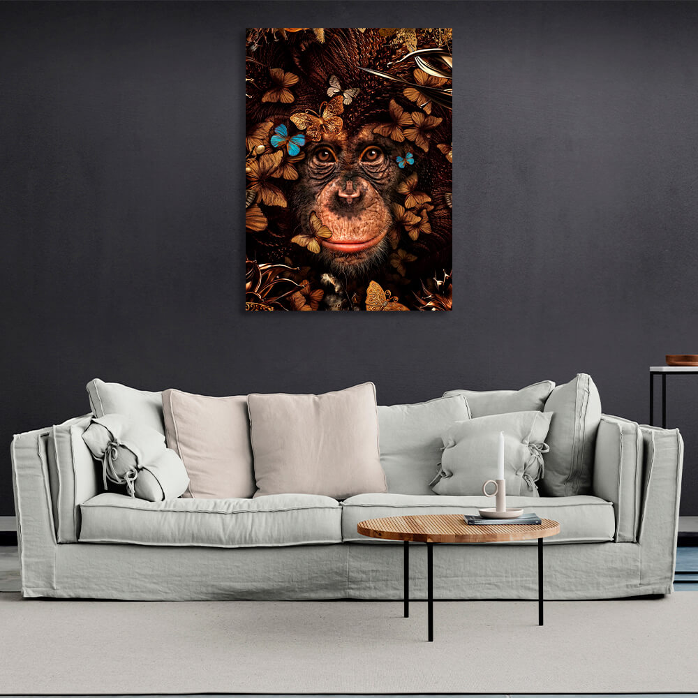 Interior Monkey and brown butterflies Canvas Wall Art Print