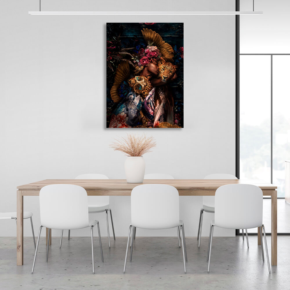 Interior African woman and leopards Canvas Wall Art Print