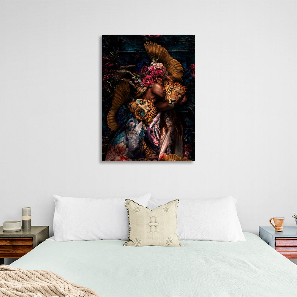 Interior African woman and leopards Canvas Wall Art Print