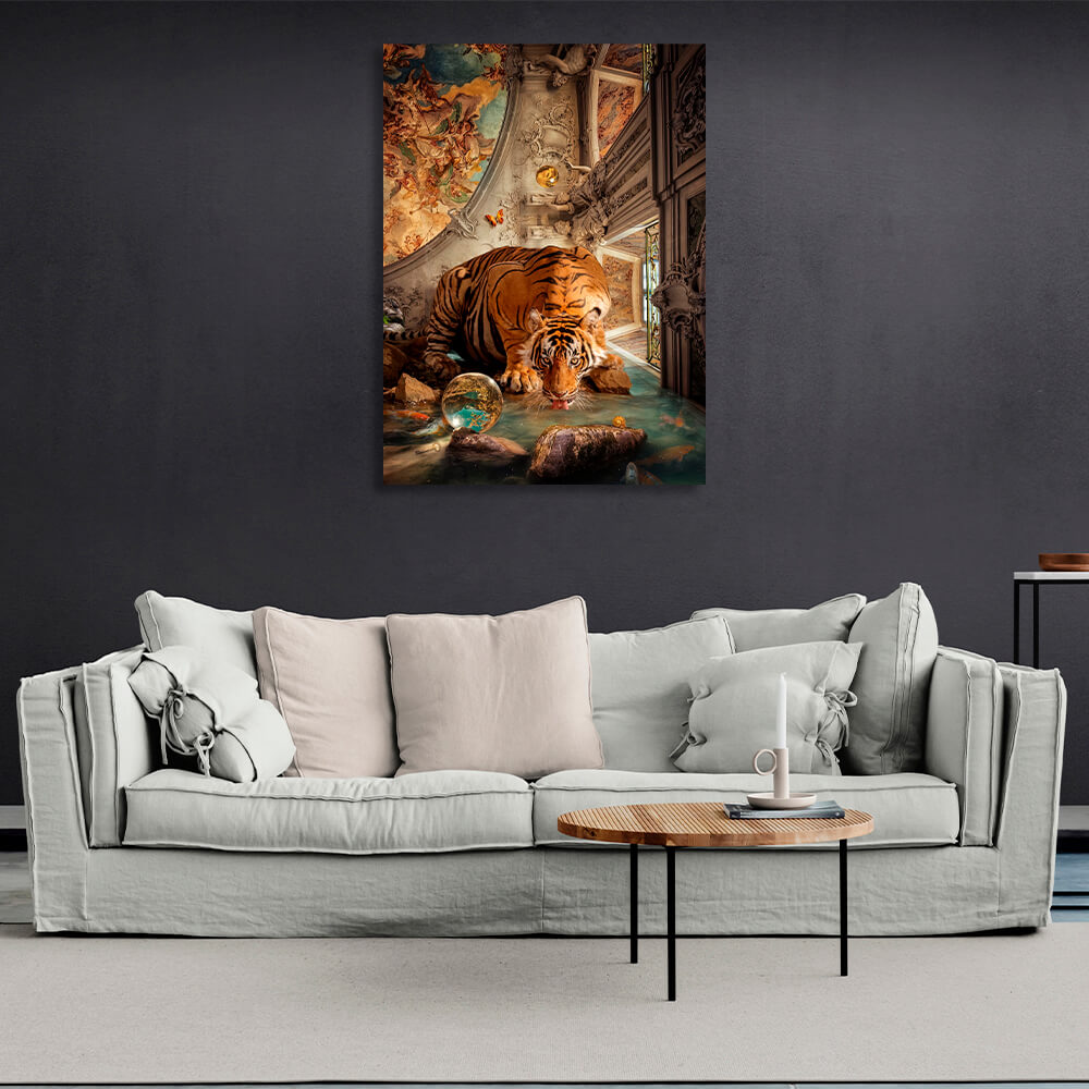 Interior The tiger at the watering hole Canvas Wall Art Print