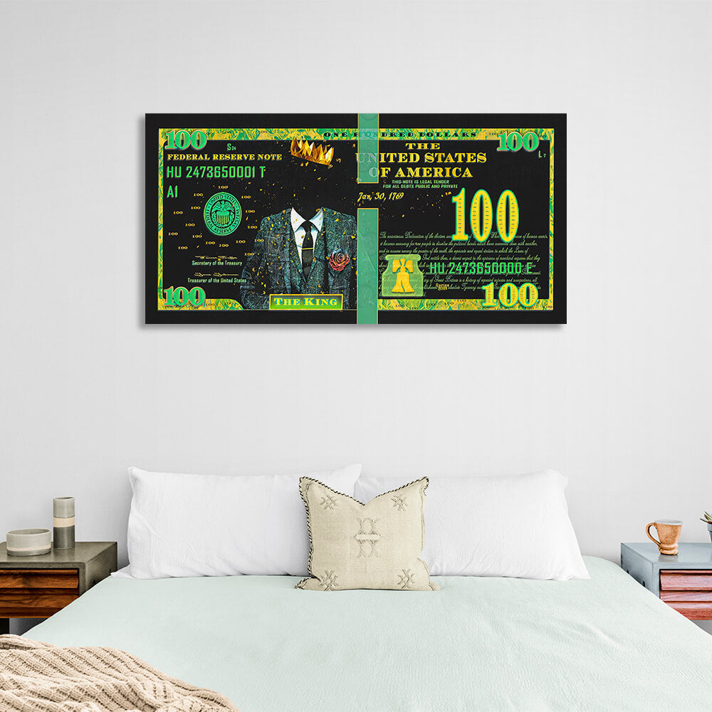 100 Dollar King Schwarz und Grün Inspirierender Kunstdruck auf Leinwand