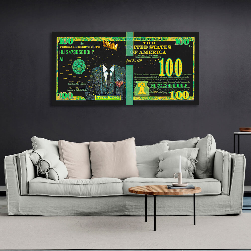 100 Dollar King Schwarz und Grün Inspirierender Kunstdruck auf Leinwand