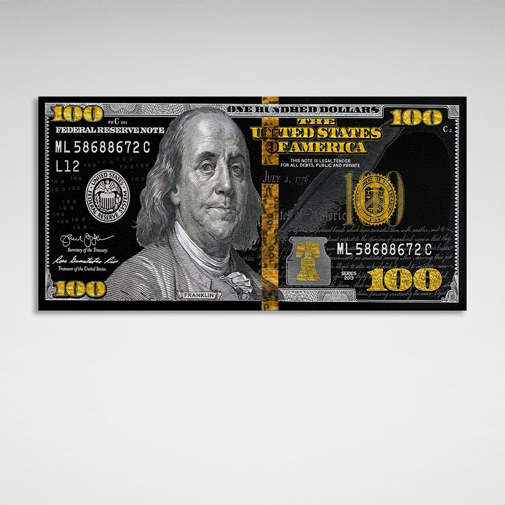 100 dollar black, gray and gold Inspirational Canvas Wall Art Print