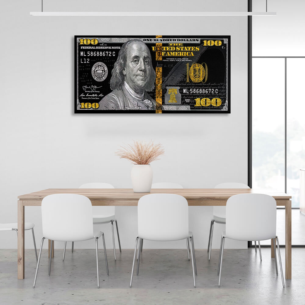 100 Dollar Schwarz, Grau und Gold Inspirierender Leinwand-Kunstdruck