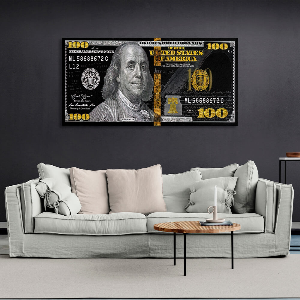 100 Dollar Schwarz, Grau und Gold Inspirierender Leinwand-Kunstdruck