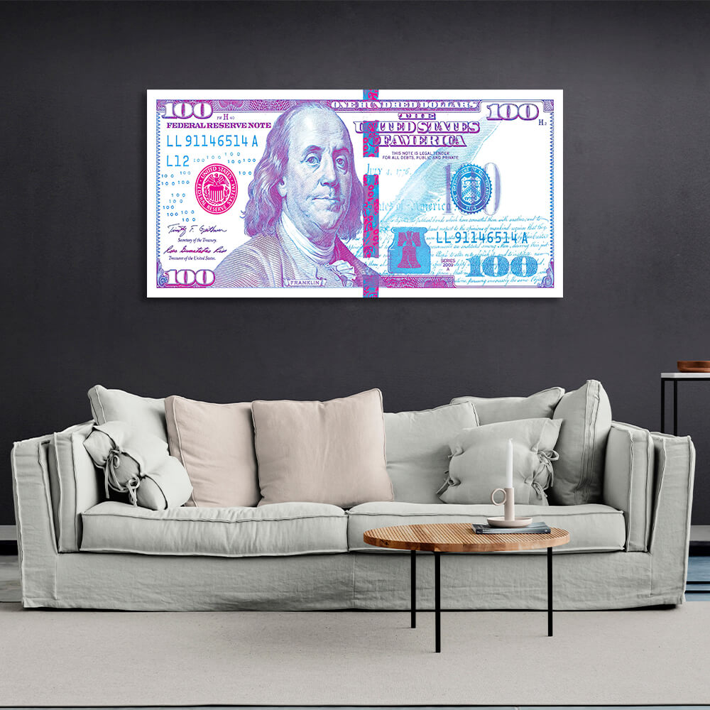 100 Dollar, weißer, violetter und rosa inspirierender Kunstdruck auf Leinwand