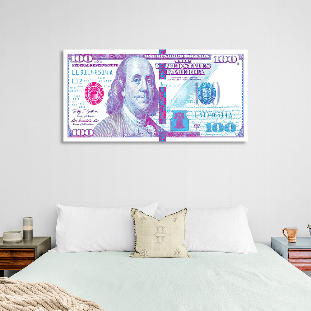 100 Dollar, weißer, violetter und rosa inspirierender Kunstdruck auf Leinwand