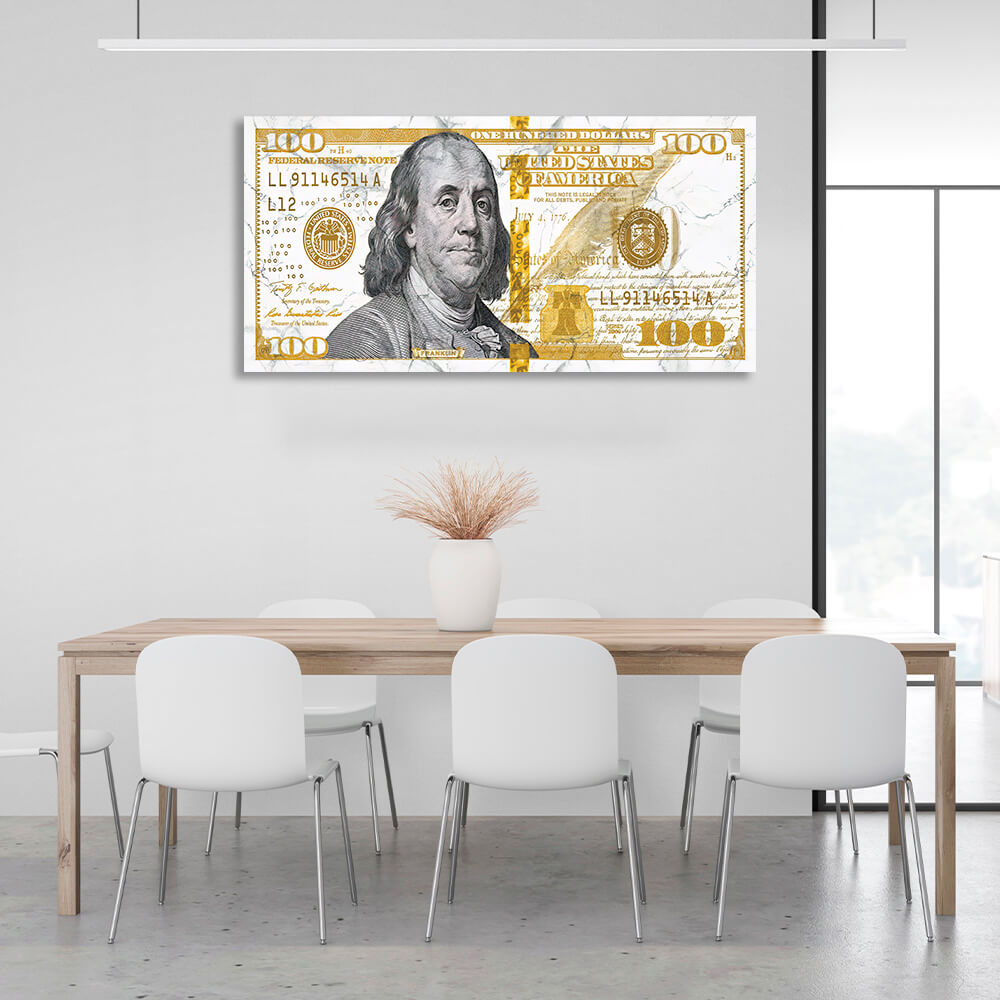 100 Dollar weiß und gelb, schwarzes Portrait Inspirierender Leinwand-Kunstdruck