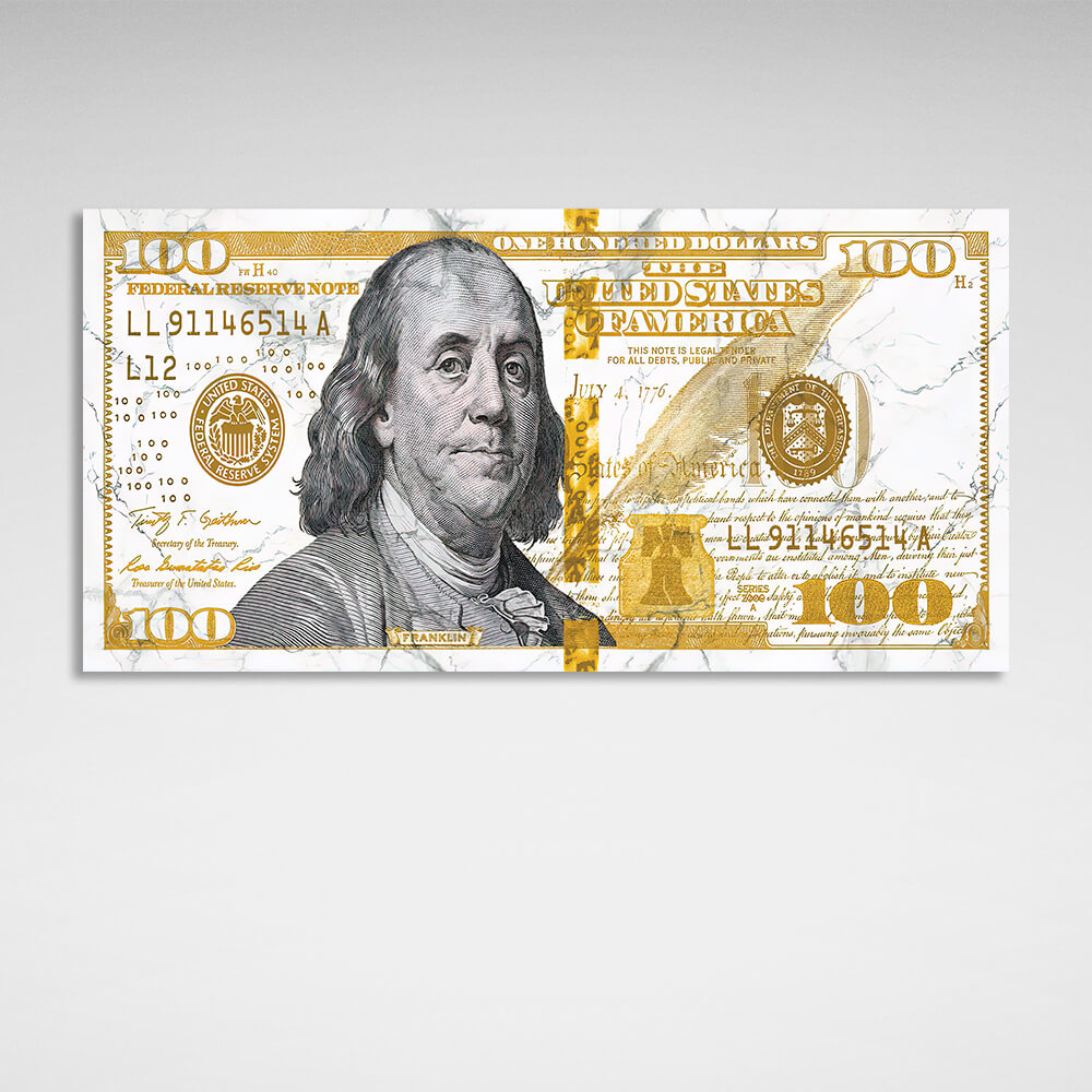 100 dollars white and yellow, black portrait Inspirational Canvas Wall Art Print