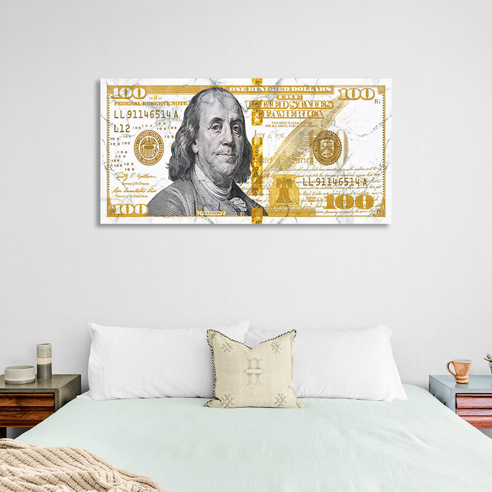 100 Dollar weiß und gelb, schwarzes Portrait Inspirierender Leinwand-Kunstdruck