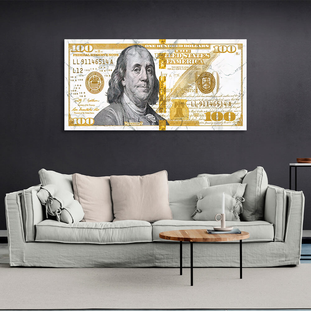 100 Dollar weiß und gelb, schwarzes Portrait Inspirierender Leinwand-Kunstdruck