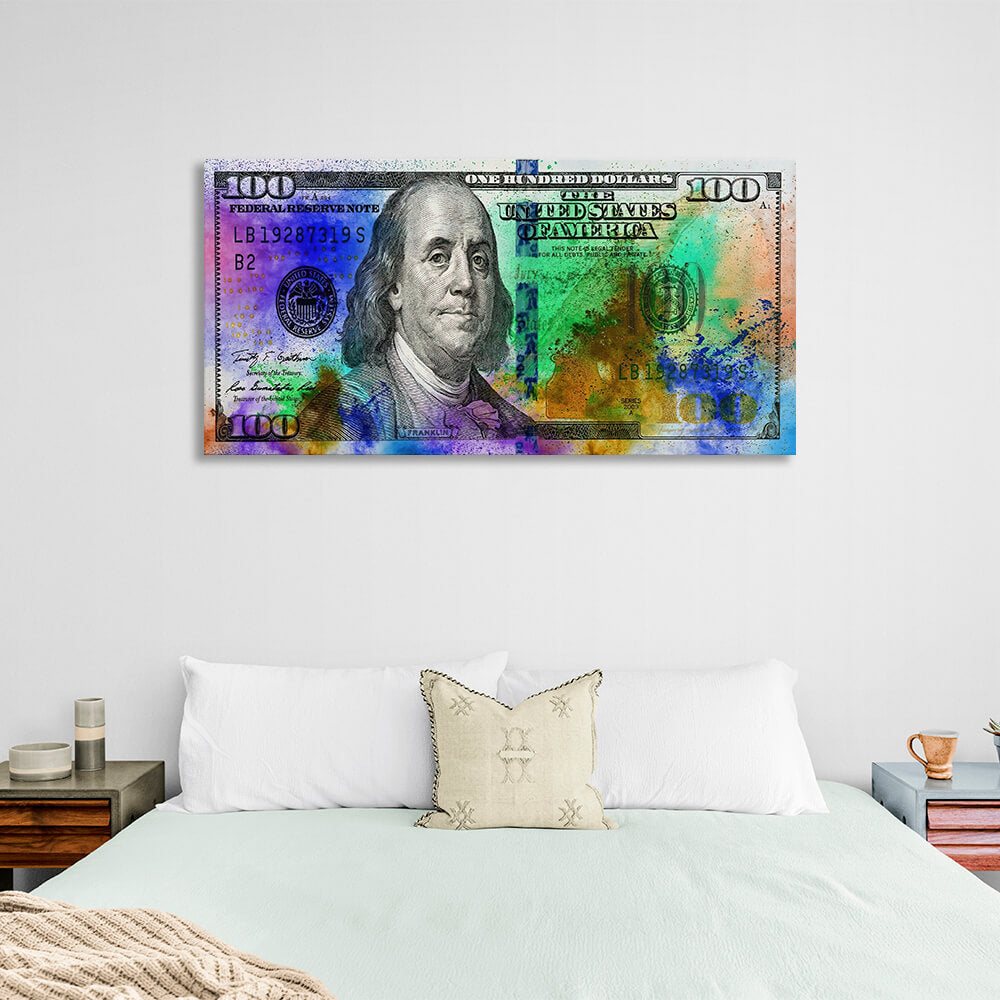 100 Dollar mit bunten Punkten Inspirierender Kunstdruck auf Leinwand