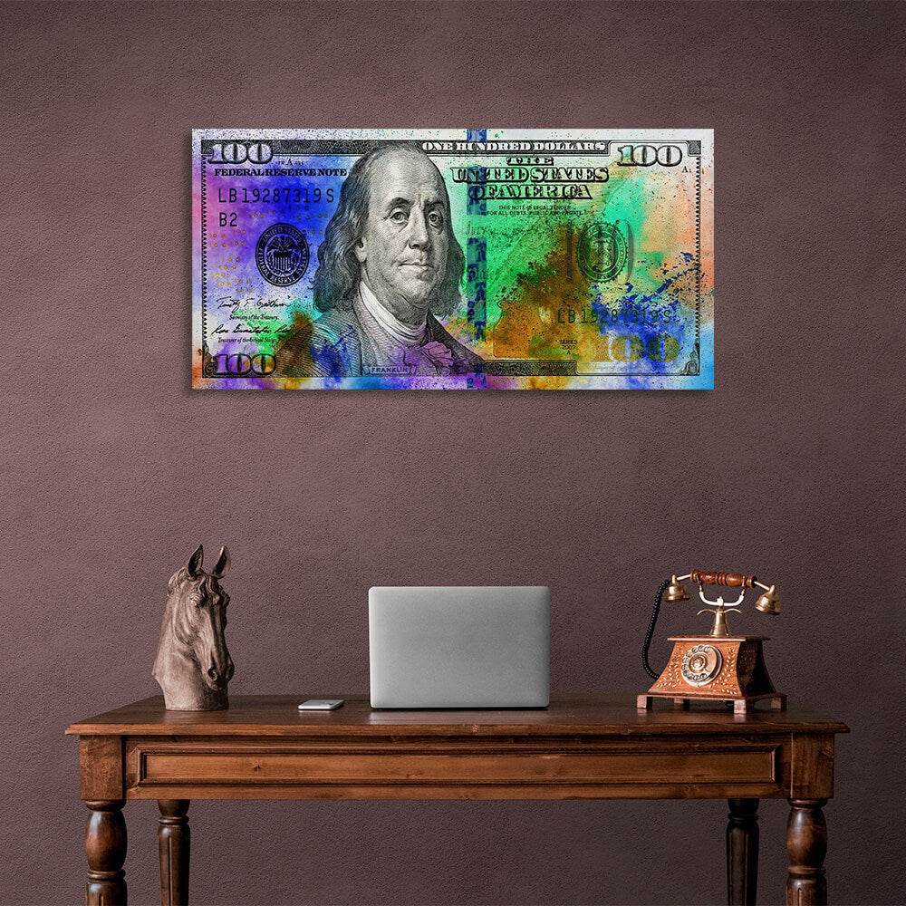 100 Dollar mit bunten Punkten Inspirierender Kunstdruck auf Leinwand