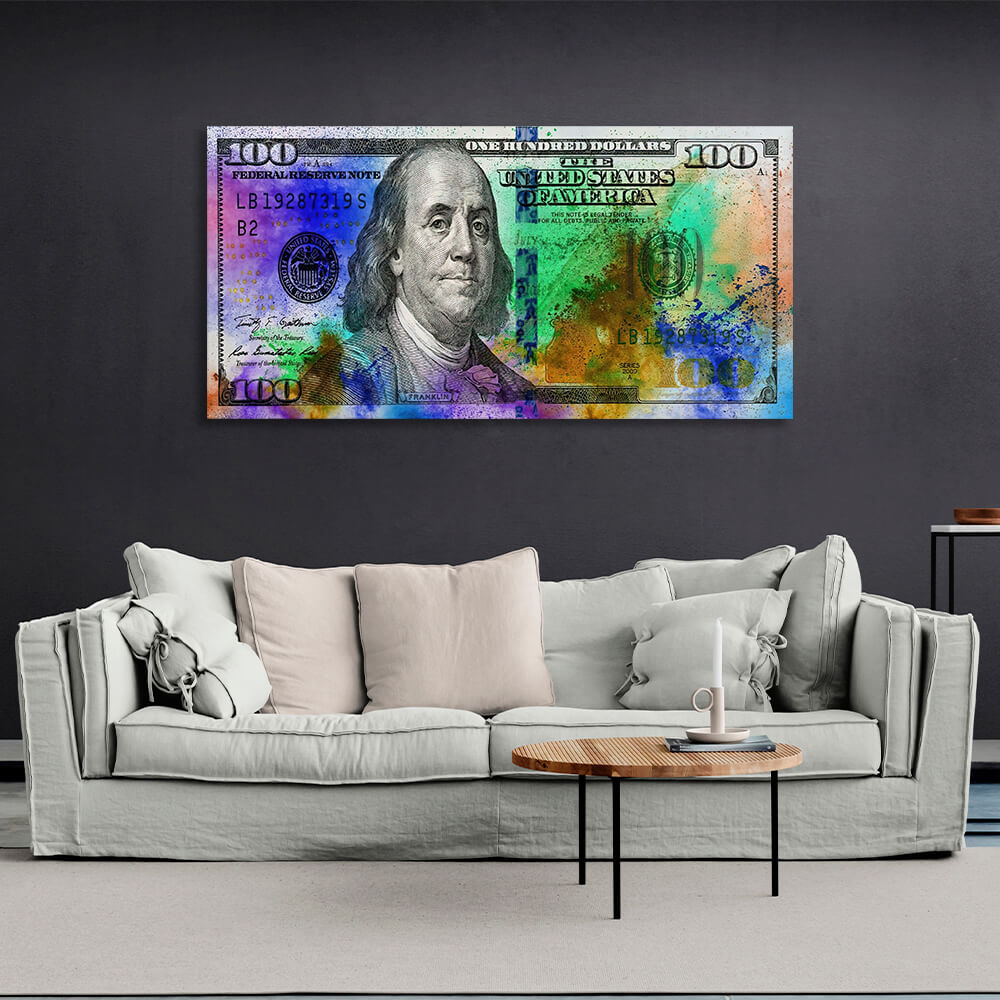 100 Dollar mit bunten Punkten Inspirierender Kunstdruck auf Leinwand