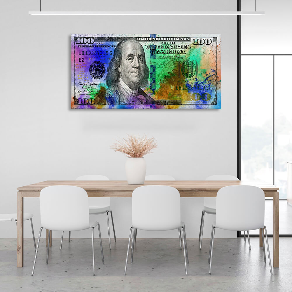 100 Dollar mit bunten Punkten Inspirierender Kunstdruck auf Leinwand