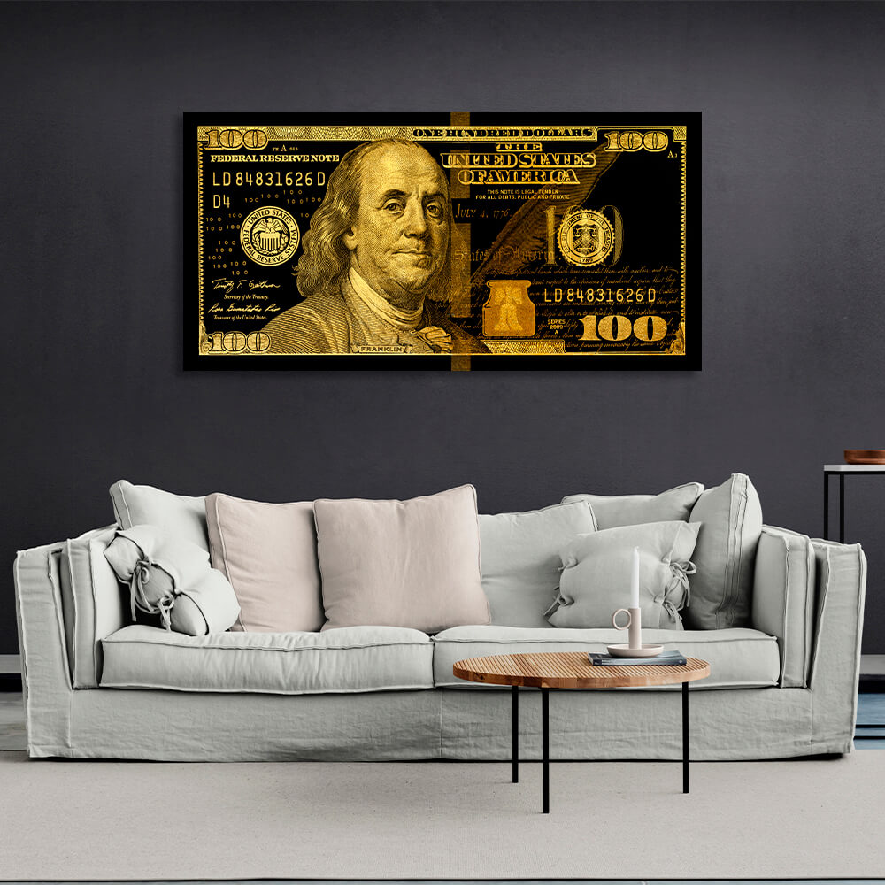 100 Dollar schwarz und gelb inspirierende Leinwand Wand Kunstdruck