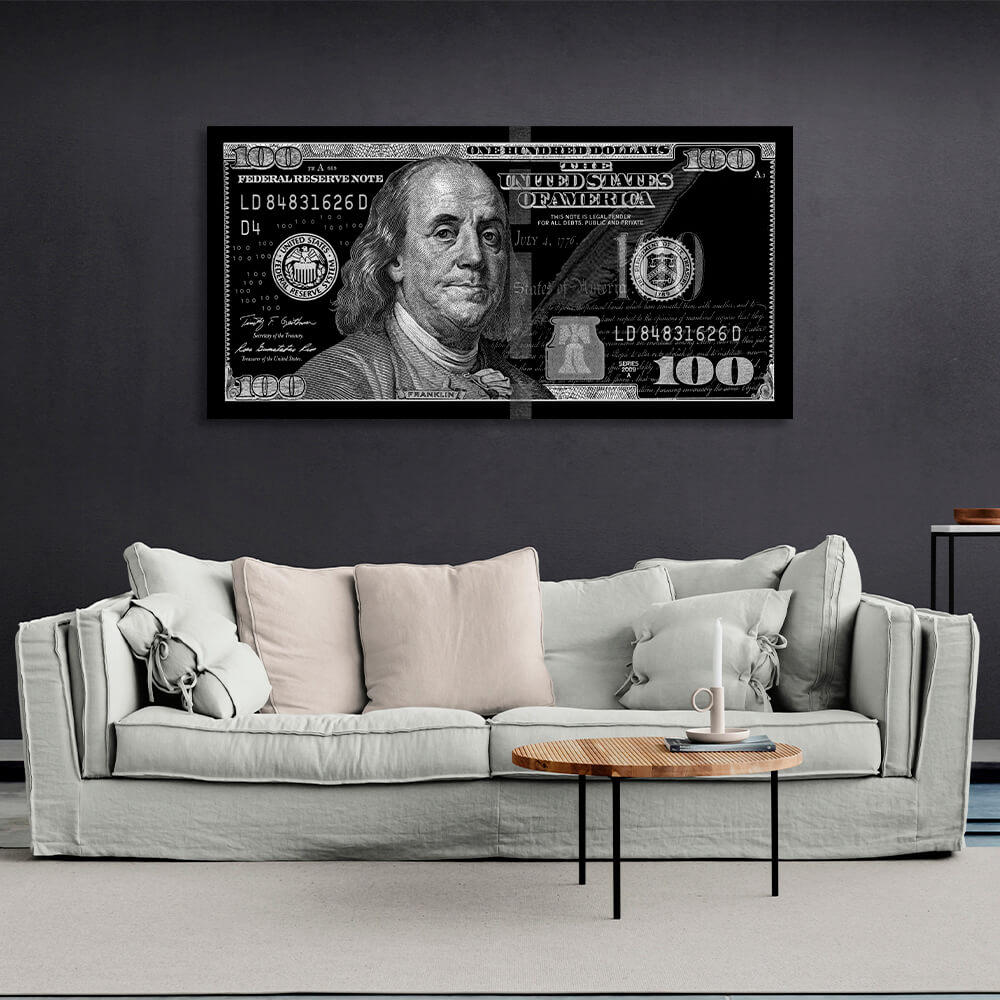 100 Dollar schwarz und grau inspirierende Leinwand Wand Kunstdruck