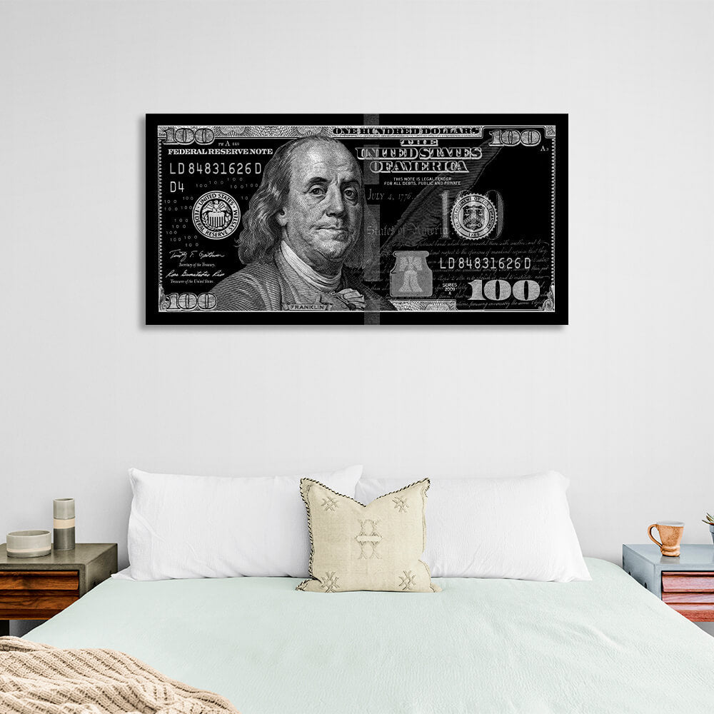 100 dollars black and gray Inspirational Canvas Wall Art Print