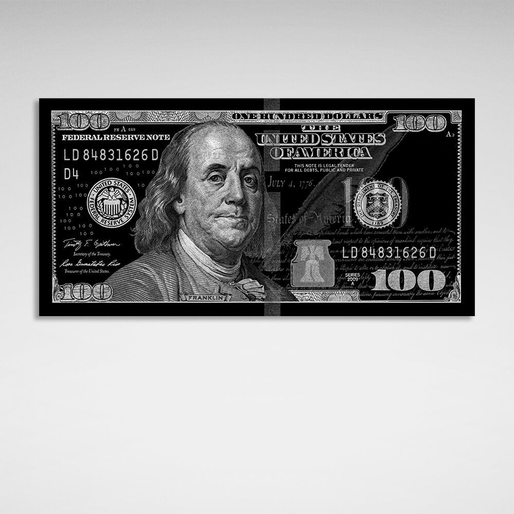 100 dollars black and gray Inspirational Canvas Wall Art Print