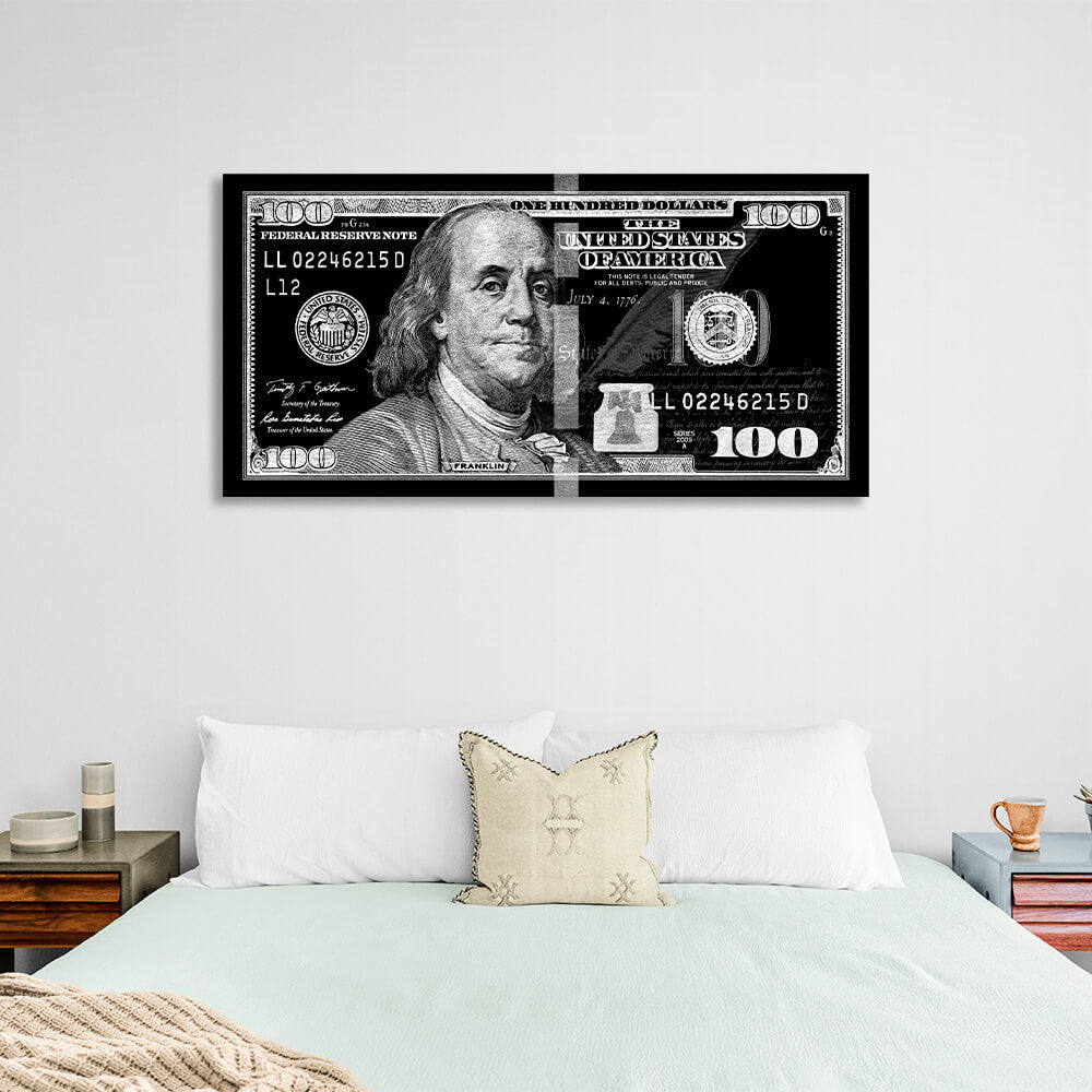 100 Dollar Silber-Schwarz Inspirierender Kunstdruck auf Leinwand