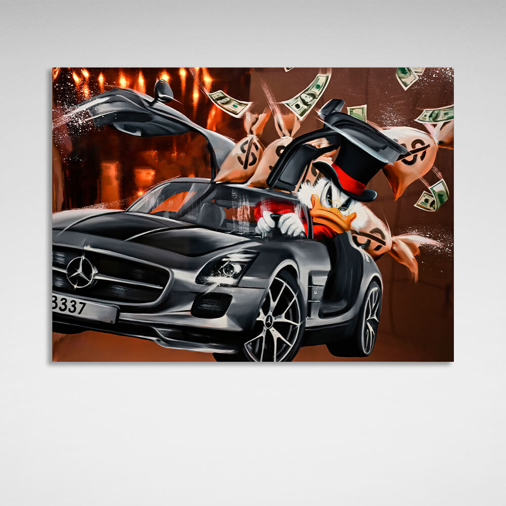 Inspirierender Kunstdruck auf Leinwand, Motiv „Scrooge Mercedes“