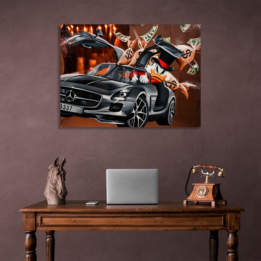 Inspirierender Kunstdruck auf Leinwand, Motiv „Scrooge Mercedes“