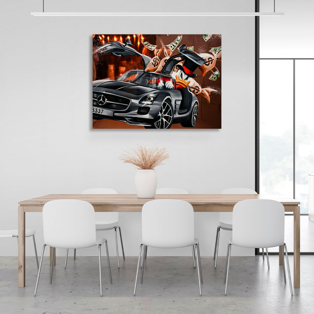 Inspirierender Kunstdruck auf Leinwand, Motiv „Scrooge Mercedes“