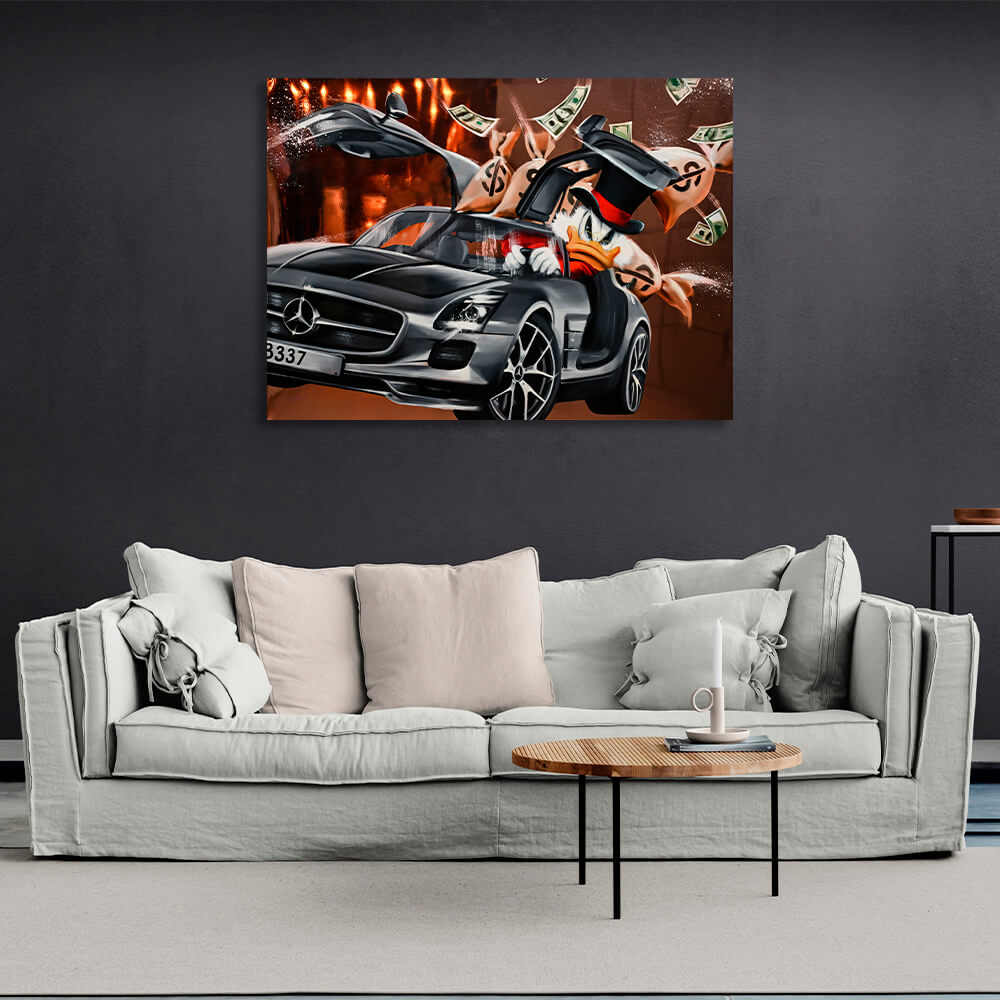 Inspirierender Kunstdruck auf Leinwand, Motiv „Scrooge Mercedes“