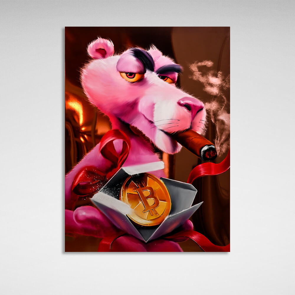 Pink panther and bitcoin Inspirational Canvas Wall Art Print