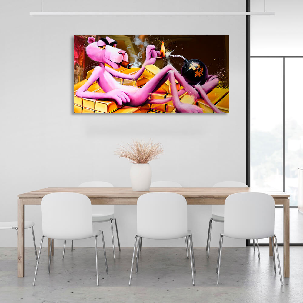 Pink Panther, Gold und Bitcoin Inspirierender Kunstdruck auf Leinwand