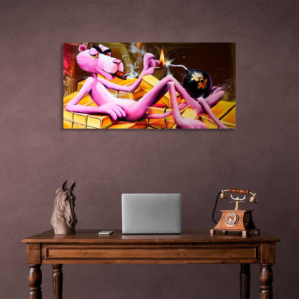 Pink Panther, Gold und Bitcoin Inspirierender Kunstdruck auf Leinwand