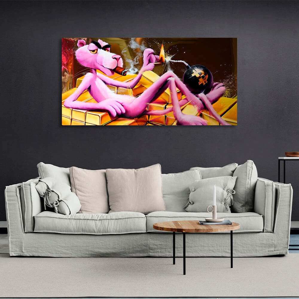 Pink Panther, Gold und Bitcoin Inspirierender Kunstdruck auf Leinwand