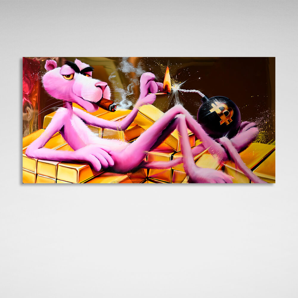 Pink Panther, Gold und Bitcoin Inspirierender Kunstdruck auf Leinwand