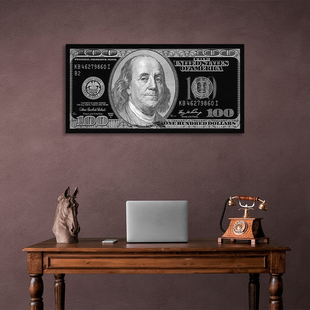 100 dollars black and gray old design Inspirational Canvas Wall Art Print