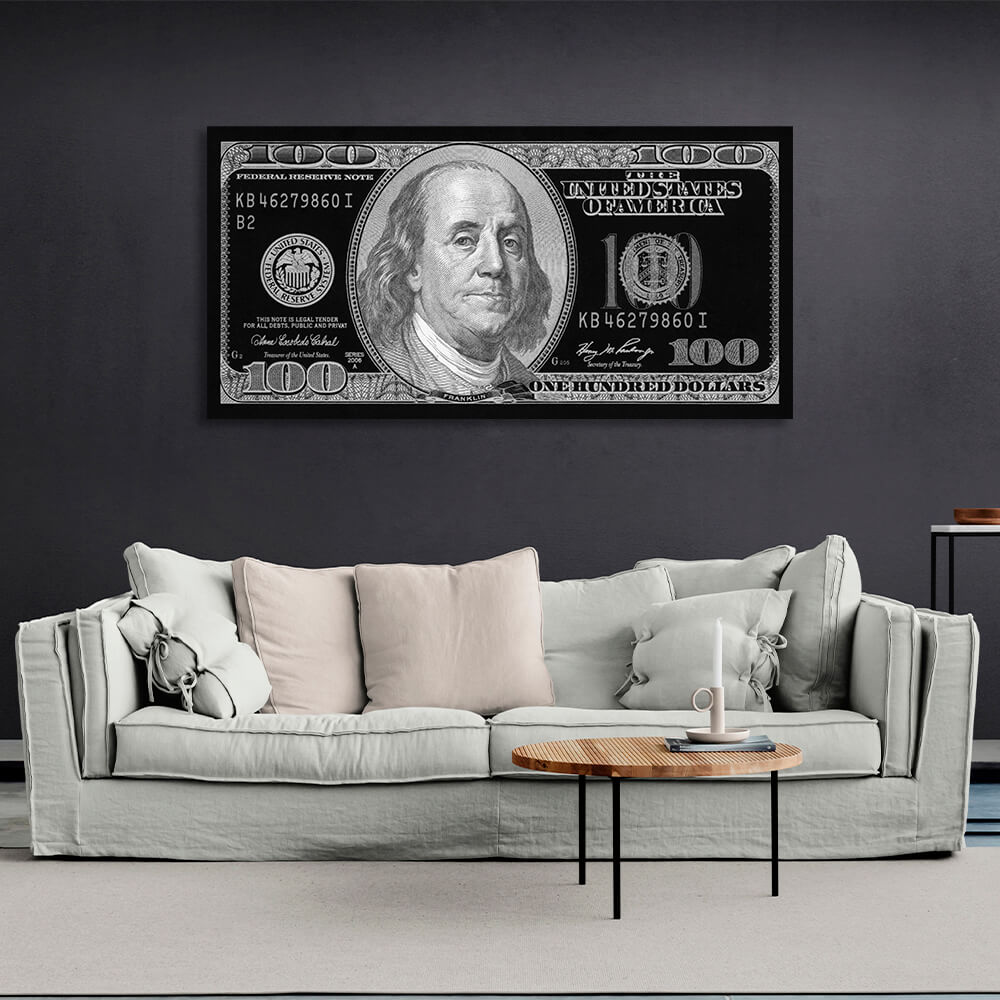 100 Dollar, schwarzes und graues altes Design, inspirierender Kunstdruck auf Leinwand